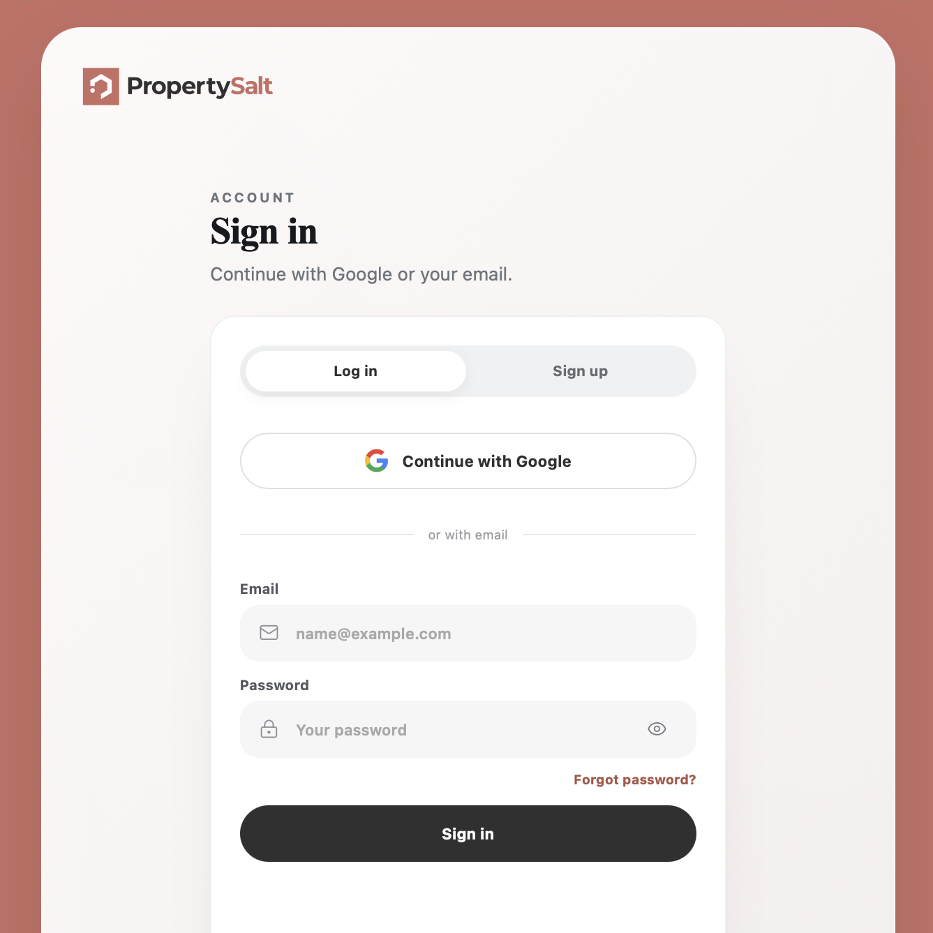 PropertySalt sign-in page with Continue with Google