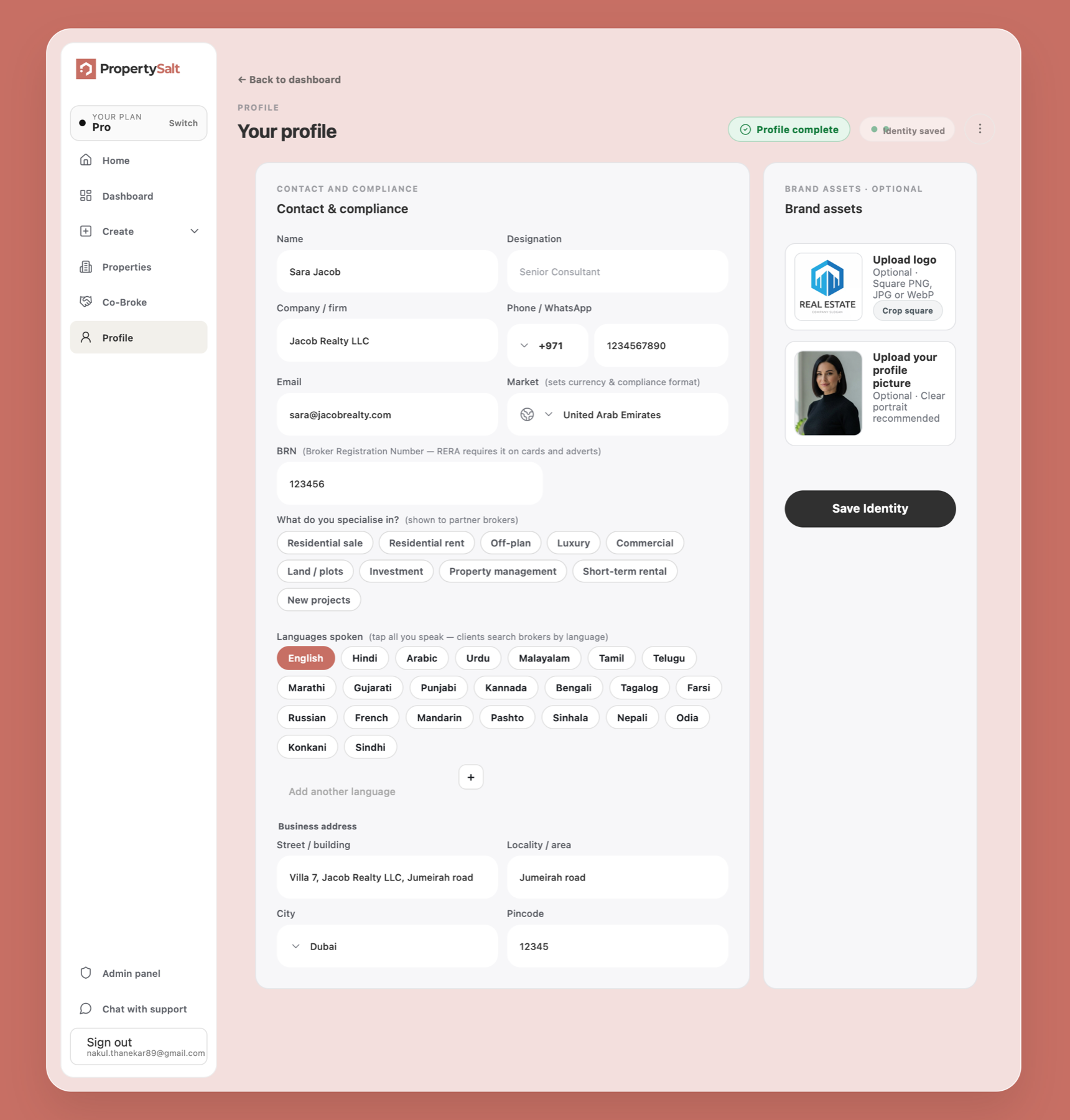 PropertySalt professional profile form