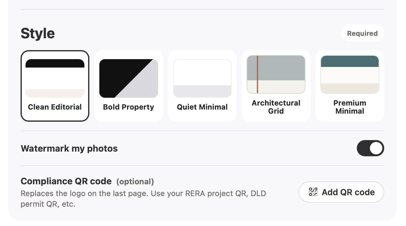 Five brochure themes, watermark and QR code options