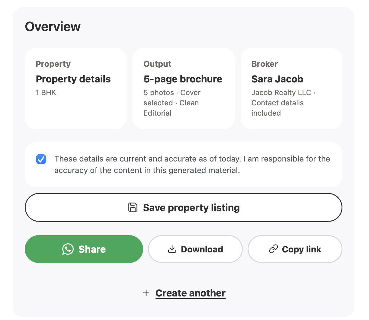 PropertySalt controls for saving, sharing and downloading a brochure