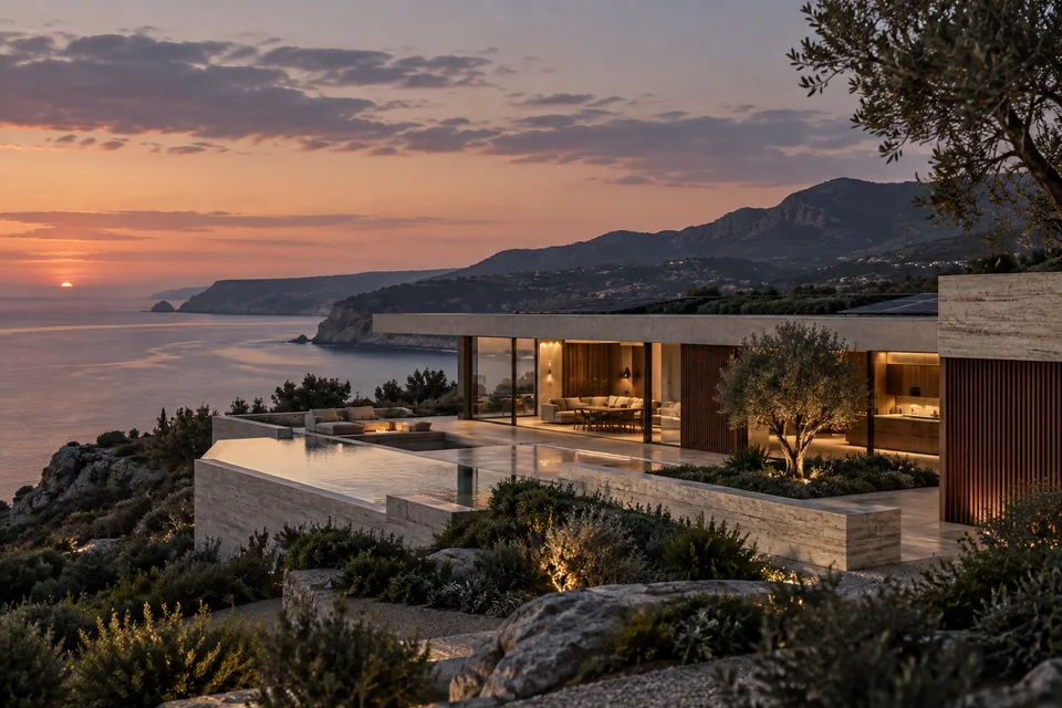 Quiet-luxury coastal residence built from travertine, walnut and concrete